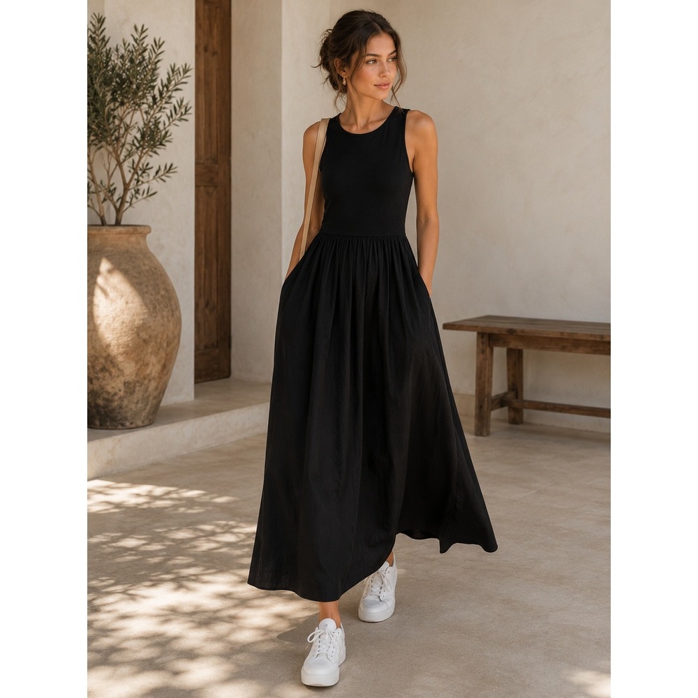 Commense Black Sleeveless Fit & Flare Maxi Dress Pockets Casual Chic XS